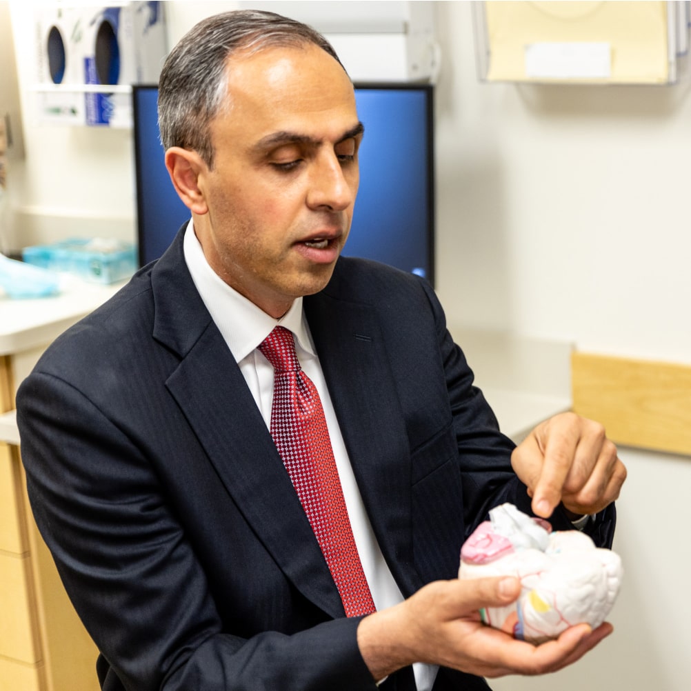 A man in a suit demonstrates a point using a model of a human organ in a medical office setting.